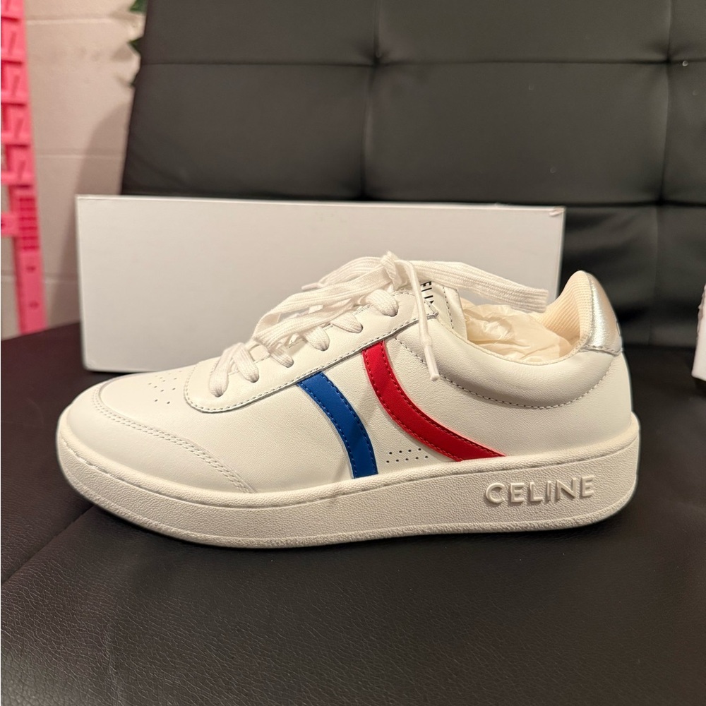 Celine White Sneakers with Red and Blue Stripes